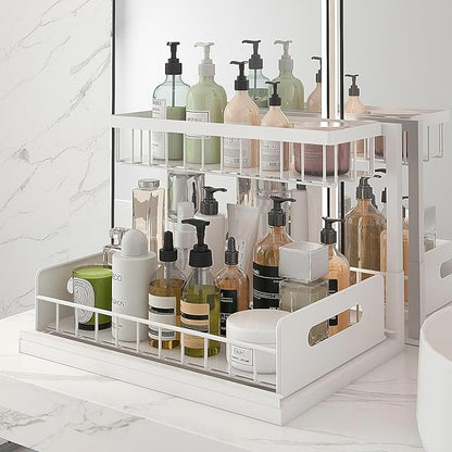 bukfen Under Sink Organizer, Pull Out Home Organizers 2-Tier Slide Out Sliding Shelf Under Cabinet Storage Multi-Use for Under Kitchen Bathroom Sink Organizers and Storage,White,2 Pack