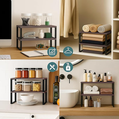 Sben Cabinet Organizer Shelf, Set of 2 Kitchen Counter Shelves, Kitchen Storage, Spice Rack, Stackable, Expandable, Metal and Engineered Wood, Ink Black and Brown Surface