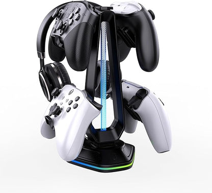 RGB Headset Stand with 9 Light Modes and 2 USB Charging Ports - Controller Holder for Desk - Headphone Stand & Detachable Controller Hook for PC Earphone Gaming Room Setup Accessories