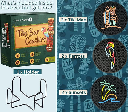 Tiki Bar Coasters Set of 6 with Holder, Tiki Bar Decor Silicone Coasters with Surfboard Warrior, Wave & Palm Tree and Parrot Designs, Hawaiian Decor Black Coasters, Outdoor Tiki Bar Rubber Decorations