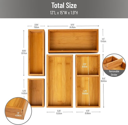 Mind Reader 5-Piece Bamboo Drawer Organizer Set, Stackable Storage Trays for Kitchen, Bathroom, Office, Makeup & Jewelry, Rayon from Bamboo, Brown