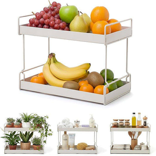 2-Tier Fruit Basket for Kitchen Counter – Gray Powder Coated Metal Fruit Stand – Minimal Scandinavian Design Countertop Organizer for Fruits, Vegetables, Bread, Snacks – Sturdy & Easy Assembly