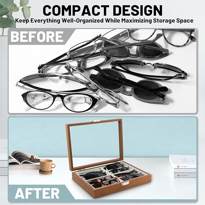 Homeanda Wooden Eyeglasses Case 8 Grids Sun Glasses Holder Eyewear Organizer Glasses Case Tray Glasses Display Showcase Organizer with Cover Christmas Gift for Men and Women
