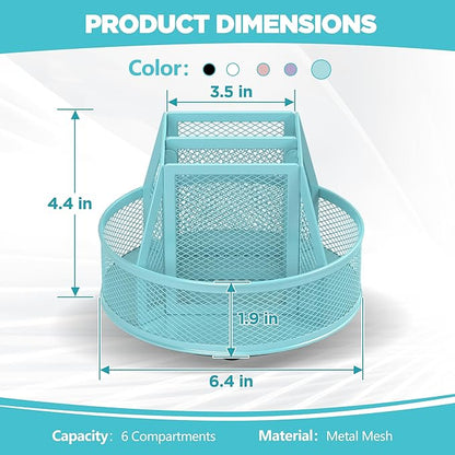 Docnest Mesh 360 Degree Rotating Pen Holder with 6 Compartment,Metal Pencil Cup Art Supply Storage Box Caddy,Teacher Stationery and Dorm Supplies Desk Organizer for Pencil,Sticky Note,Scissors-Blue