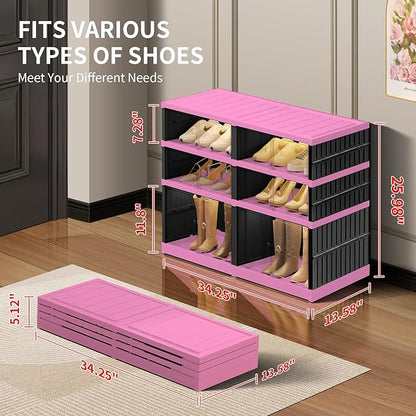 CIMLORD 3-Tier Foldable Shoe Rack Organizer for Closet,12 Pairs Collapsible Plastic Shoe Shelf,Shoes Cabinet with Door,Clear Stackable Storage Box Easy Assembly（Black-pink）