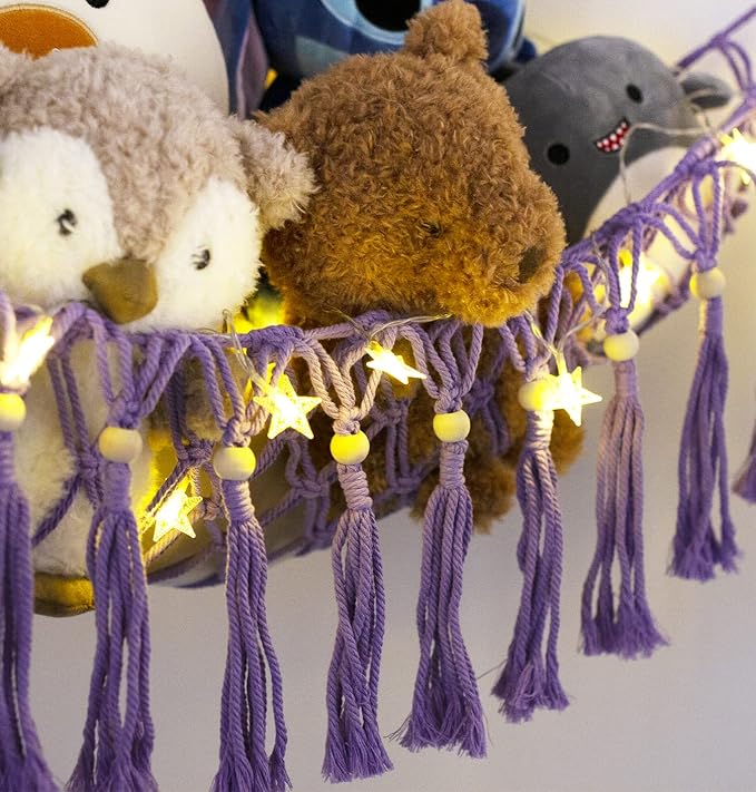 Stuffed Animal Hammock Corner with LED Light - Toy Storage Hammock Plushie Net Organizer - Teddy Bear Stuffy Hammock - Purple Nursery Decor Baby Kids Bedroom Nursery Furniture