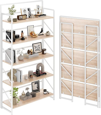JSB Folding Bookshelf,Industrial Storage Shelves, No Assembly Vintage Wood Look Bookshelf with Storage Shelves for Living Room, Bedroom, Office (White, Wide 5-Tier)