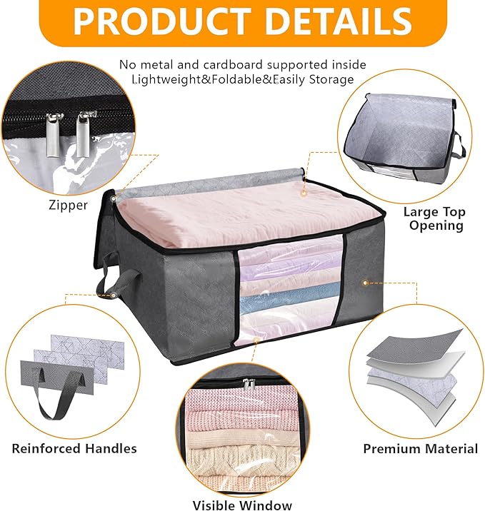 BiCINE 2 Pack Clothes Organizer Storage Bags with Zipper, 45L Foldable Blanket Storage Box with Clear Window Sturdy Handles for Closet, Dorm, Pillows, Bedding, Sweater, Clothing, Gray