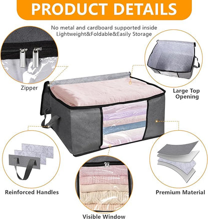 BiCINE 6 Pack Clothes Storage Bags with Zipper, Foldable Blanket Storage Box with Clear Window Reinforced Handles for Closet, Dorm, Pillows, Bedding, Sheet, Comforter, 45L Gray