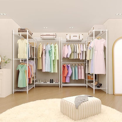 Portable Clothes Rack Heavy Duty Garment Rack, L-Shaped Closet Wardrobe with Adjustable Shelves, Freestanding Closet Organizer and Storage for Corner Apartment Bedroom, 70.5"H x 85.4"L x 17.4"W