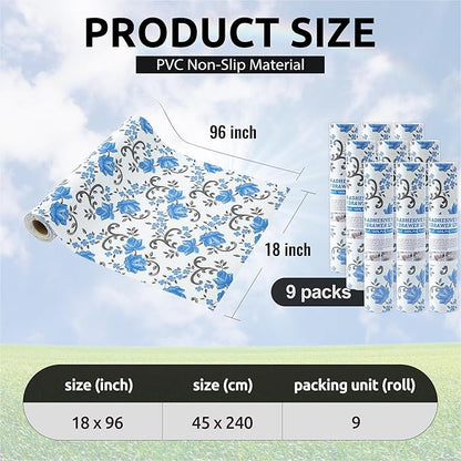 FIFTY FEET 18X96 Inch Shelf Liner for Kitchen Cabinets, PVC Drawer Liner for Dresser Non-Slip Bathroom, Non-Adhesive Cabinet Liner Washable (Blue Floral)(9 Roll)