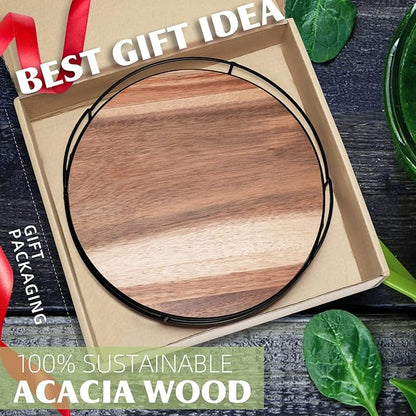 Acacia Wood Lazy Susan with Handles, 12.5" Organizer Turntable, Steel Sided, 360 Degree for Countertop or Dining Table (Black)