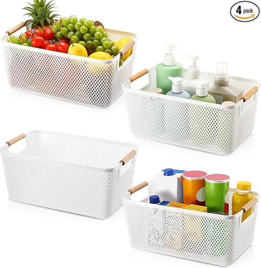 Tioncy 4 Pcs White Mesh Baskets with Wooden Handles Plastic Storage Organizer Baskets Pantry Basket Fruit Vegetables Gathering Basket Bin for Organizing Cabinet Closet Bedroom Kitchen(Large)