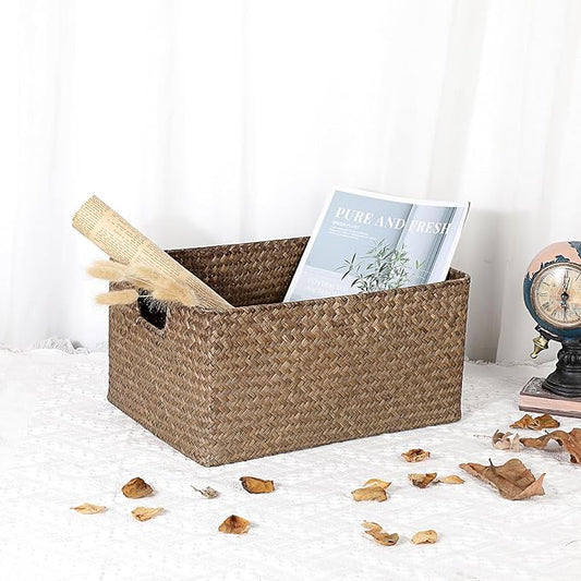 Hipiwe Seagrass Storage Baskets Bin for Shelf Organizing Rectangular Wicker Basket with Handle Handwoven Opened Baskets Bin Decorative Basket Box for Closet Bedroom Organizer