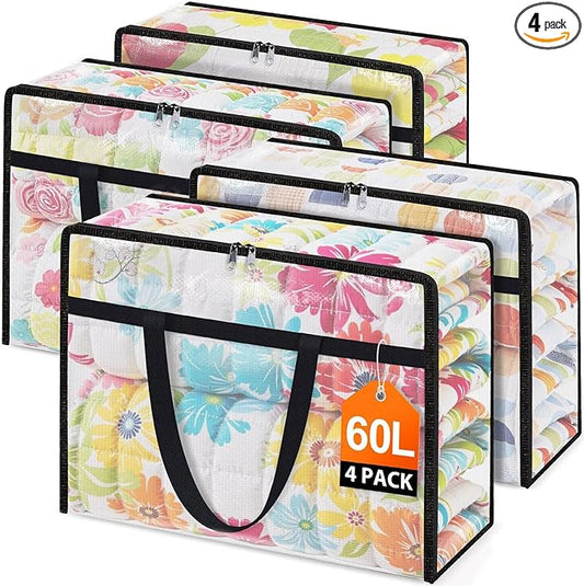 EdenDwell Clear Under Bed Storage Containers - 4 Pack Large Capacity Clothes Storage Bags with Lid & Sturdy Handles, Foldable Moving Bags, Clothing Organizer Totes for Bedding, Comforter, Sheet(60 L)
