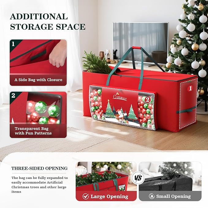 UIRWAY Christmas Tree Storage Bag- Fit for 9ft Artificial Trees, 600D Oxford Christmas Tree Bag with Transparent Pouch & Side Pocket, Extra Large Tree Bags with Sturdy Handles & Dual Zipper, Red