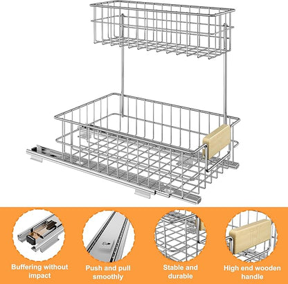 ROOMTEC Pull Out Cabinet Organizer, Under Sink Slide Out Storage Shelf with 2 Tier Sliding Wire Drawer, Sliding Storage for Inside Kitchen Cabinet- 11½ in. W x 21½ in. D (Right)