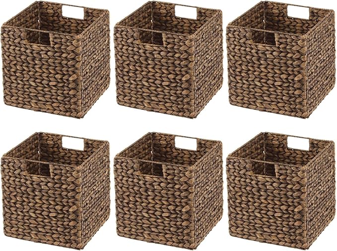 mDesign Natural Woven Hyacinth Cube Organizer Basket with Handles, Storage for Bathroom, Laundry Room Shelf or Nursery - Perfect for Cubby Storage Units - Hold Blankets and Books - 6 Pack, Brown Wash