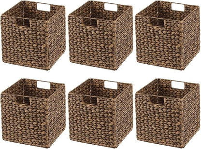 mDesign Natural Woven Hyacinth Cube Organizer Basket with Handles, Storage for Bathroom, Laundry Room Shelf or Nursery - Perfect for Cubby Storage Units - Hold Blankets and Books - 6 Pack, Brown Wash