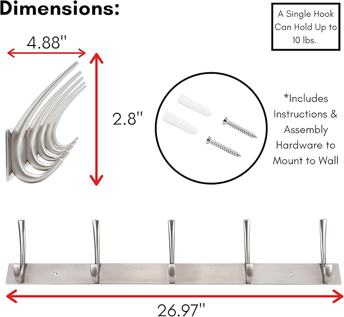 BIRDROCK HOME Premium 5-Hook Stainless Steel Coat and Hat Rack for Wall - Front Door Organizer - Mounted Hanger for Jackets, Clothes, Hats, Towel - Silver Dual Hooks - Brushed Nickel Finish