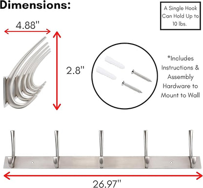 BIRDROCK HOME Premium 5-Hook Stainless Steel Coat and Hat Rack for Wall - Front Door Organizer - Mounted Hanger for Jackets, Clothes, Hats, Towel - Silver Dual Hooks - Brushed Nickel Finish