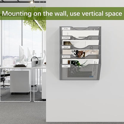 EasyPAG 5 Pocket Mesh Wall File Organizer, Hanging Paper Folder Holder with Classify Label, Vertical Wall Mount Mail Organizer for Office Home Classroom, Silver
