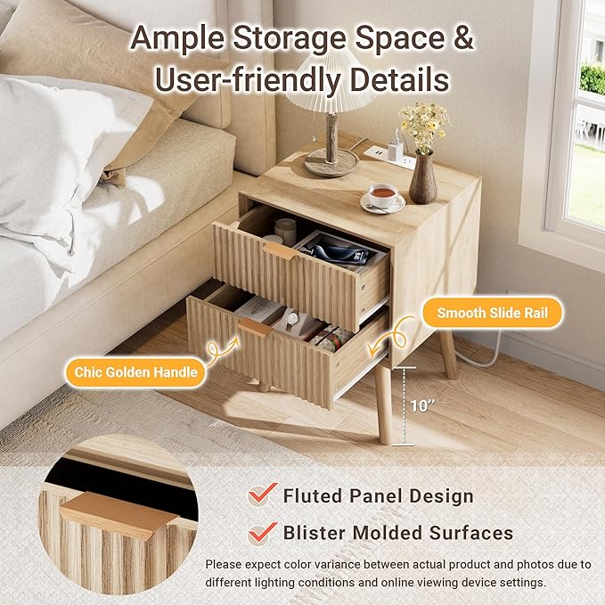 FavourLife Fluted Nightstand, Night Stand Set 2, Modern Nightstands Set of 2 with Beveled Edge & Solid Wood Legs, 2 Drawer End Table with Charging Station, Wooden Bedside Table for Bedroom,Natural Oak