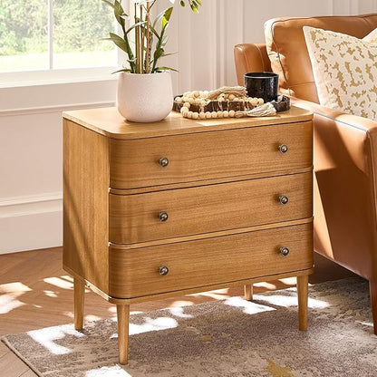 HULALA HOME Modern End Table with Charge Station, 3 Drawer Wood Side Table with Solid Wood Legs & Adjustable Feet, Curved Design End Table, Oak