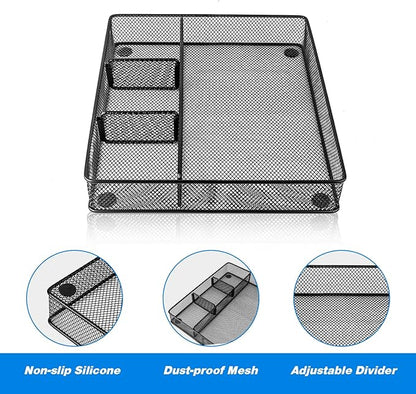VyGrow Desk Drawer Organizer Tray, Metal Mesh Drawer Organizers Office, 4 Grid with Adjustable Compartment, Desk Organizer Tray for Home Office 12x10.6x1.9 inch Black, 2 Pack