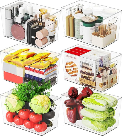 6 Pack Plastic Clear Bins for Organizing- With Handle -11″ Large Pantry Organizer Bins for Shelves Snack,Food or Cleaning Supplies,Fridge Organizers and Storage,Acrylic Kitchen Storage Containers