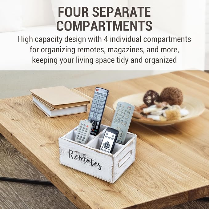MyGift Wood Remote Control Holder Organizer with 4 Compartments, Media Remote Caddy Storage with Cursive REMOTES Design, Whitewashed