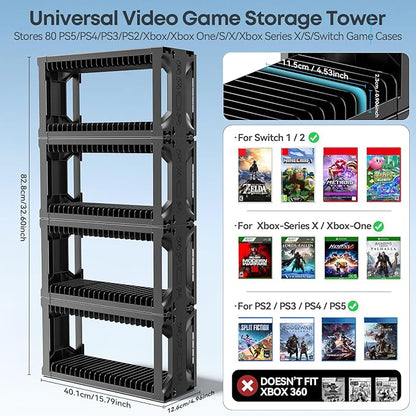Kytok Video Game Disc Rack Tower Video Game Storage Universal for PS5/PS4/ XBOX One/Series/Nintendo Switch Game, Game Organizer Shelf Display Stand for Wall Mount/Desk/Floor with Controller Holder