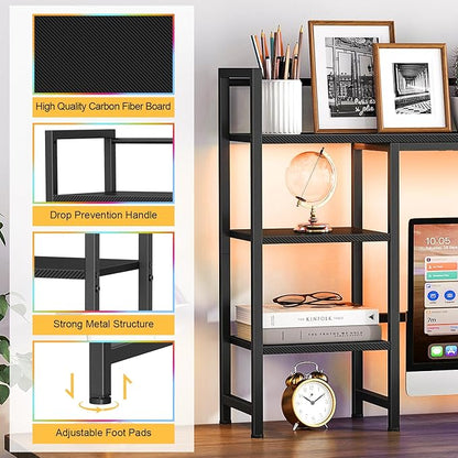 Snughome Desk Shelf with LED Strip, 38.6" Desktop Organizer Shelf, Desk Hutch for Computer Monitor, 4 Tier Desk Display Rack, Wood Desktop Bookshelf Storage Rack for Home Office Dorm