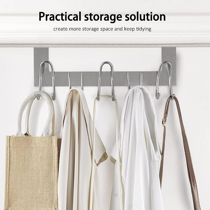 SKOLOO Over The Door Hooks - for Doors up to 1-3/4'' Thickness, Metal Door Hanger with 11 Hooks, Over The Door Hanger for Coats, Hats,Towels, Silver