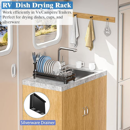 CHLORYARD Small Dish Drying Rack, Compact Sink Dish Drainer Plate Rack Organizer with Utensil Holder and Drainbaord for Kitchen Counter, RVs, Apartments