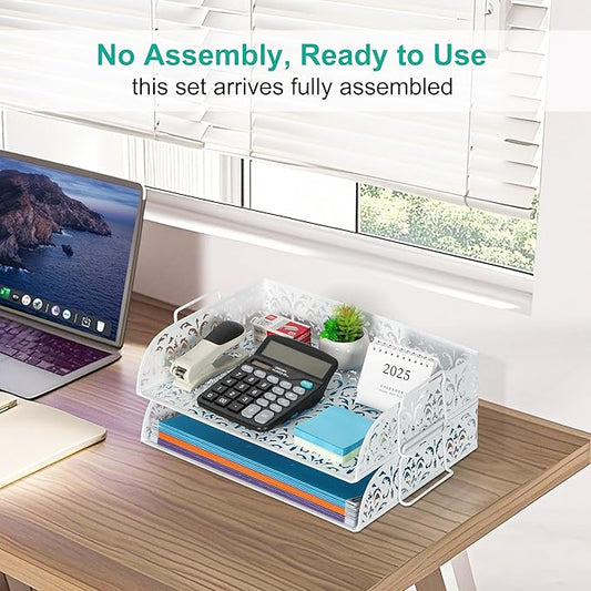EasyPAG Paper Organizer for Desk 2 Tier Stackable Paper Tray for A4 Legal Size Folders Metal File Storage Desktop Organizer for Home Office School Teacher, White