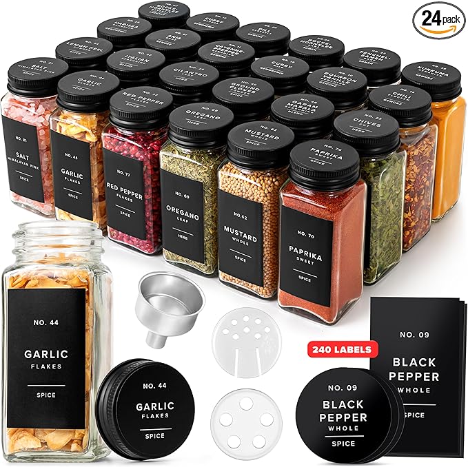 Glass Spice Jars with Label and Black Aluminum Lids (24 x 4oz) Spice Containers with 240 Labels, Shaker Inserts, Steel Funnel, Empty Square Seasoning Organizer (Black Aluminum Lid)
