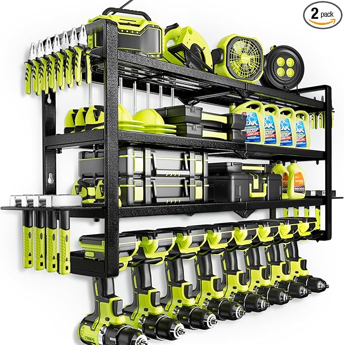 Power Tool Organizer Wall Mount - Storage Rack with 4 Drill Holders for Drills Cordless Tools. Heavy Duty Iron Garage Tool Organizer Storage for Workshop Shed (8 Slots 4 Layers 4)