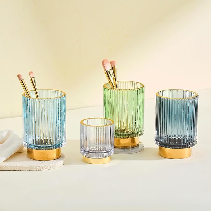 LEICURACE Makeup Brush Holder Organizer,Toothbrush Holders,Desk Pen Pencil Holder,Multifunctional Vintage Glass Brush Cup（L/Blue/A3-8-US）