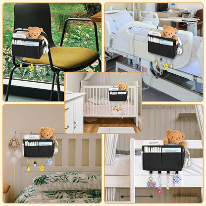 Frjjthchy Bedside Storage Organizer 5 Pockets with 4 Hooks Hanging Storage Bag for Headboards/Bunk Bed (Black)