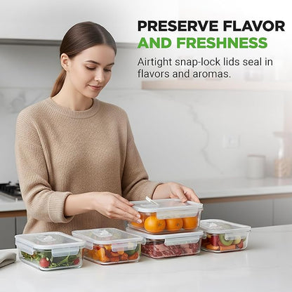 NutriChef 10-Piece Superior Glass Food Storage Containers Set (5 Containers + 5 Locking Lids),Stackable Meal-prep Design, BPA-free Airtight Clear Locking lids with Vent Lids & Air Hole, NCCLX5