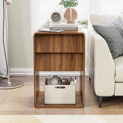 Small Nightstand Set of 2, Wood Bedside Table, Mid Century Modern Night Stand with Slanted 2 Drawers, Wooden Bed Side Table with Storage, Walnut End Table for Bedroom, Boho, Vintage