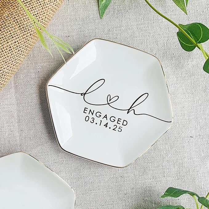 LullabyMall Custom Engagement Ring Holder Ring Dish, Custom Wedding Gifts for Couple, Bridal Shower Couple Jewelry Tray, Monogrammed Engagement Wedding Gifts for Bride 1