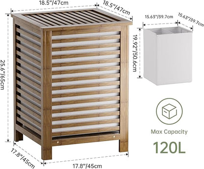 SMIBUY Double Laundry Hamper with Lid, 120L Bamboo Laundry Basket with Removable Liner Bag, 2-Section Clothes Divider Laundry Sorter for Laundry Room, Bathroom, Bedroom (Walnut)