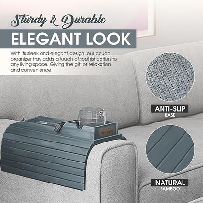 Couch Cup Holder Tray with 2 Cork Coasters, Couch Caddy, Anti-Slip Foldable Armrest Sofa Tray, Couch Armrest Table, Anti-Spill Holder for Remote, Snacks, Cellphone - Ideal Gift (Grey)