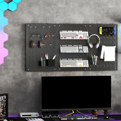 Tool Pegboard Organizer, 4 FT Metal Pegboard Wall with Hooks, Storage Bins & Tool Holders, Peg Board Kit Garage Storage System for Workbench Shed, Craft Room & Workshop (Black+Orange)