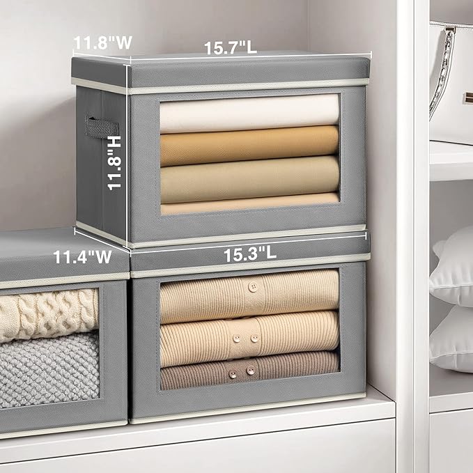 Stackable Storage Bins with Lids - Large Decorative Basket with Lids, Fabric Foldable Closet Organizer Bins, Shelf Organizer for Living Room, Dorm, 5 Pack, Grey