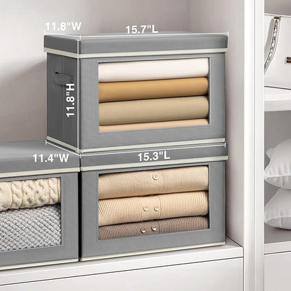 Stackable Storage Bins with Lids - Large Decorative Basket with Lids, Fabric Foldable Closet Organizer Bins, Shelf Organizer for Living Room, Dorm, 5 Pack, Grey