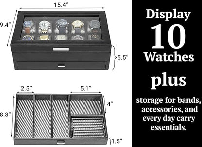 HOUNDSBAY Yachtsman Watch Box Organizer | Luxury Jewelry Organizer with Drawer, Ring Tray & Glass Lid | Great EDC Display Case for Storage | Ideal Gift for Men