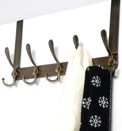 Dseap Over The Door Hook Hanger - Fits 1 3/8" to 1 3/4" Standard Doors | 5 Tri Hooks Heavy Duty Towel/Coat Rack | Door Organizer for Clothes, Jackets, Hats, Towels, Bronze, Pack of 2
